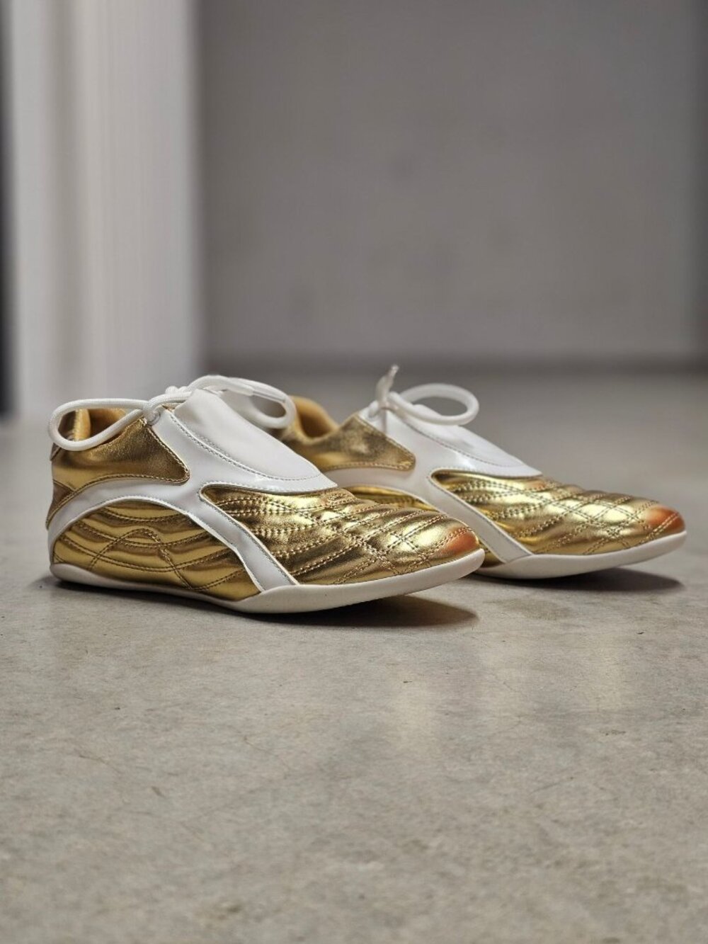 Gold & White Athletic Sneakers With Quilted Design & Lace-Up Closure - Picture 11 of 14